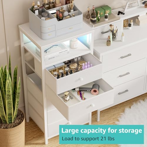BOLUO White Dresser with 5 Drawers Tall Nightstand with Charging Station and LED Light, Bedside Table Room Storage Drawers Closet - color: A.white, size: 11.8"D x 15.7"W x 39.8"H (5 drawers)