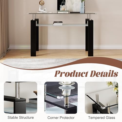 47" 2-Tier Console Table with Tempered Glass Top and MDF Frame, Modern Black Rectangular Glass Entryway Table for Living Room, Apartment, Office, Easy to Assemble - color: Black, size: Console Table