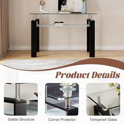 47" 2-Tier Console Table with Tempered Glass Top and MDF Frame, Modern Black Rectangular Glass Entryway Table for Living Room, Apartment, Office, Easy to Assemble - color: Black, size: Console Table