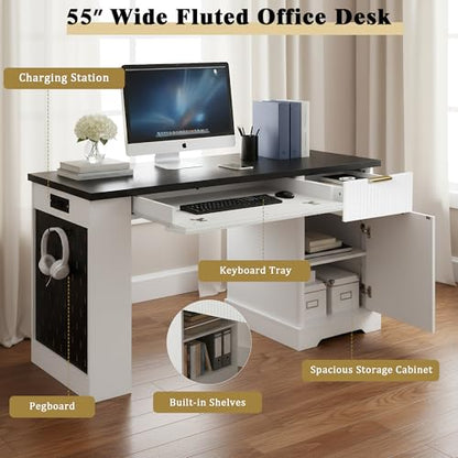 55" Modern Fluted Office Desk with Storage Cabinet & Drawers, Computer Writing Desk with Power Outlet, Pegboard, Built-in Shelves & Keyboard Tray for Study, Home Office, White - color: White