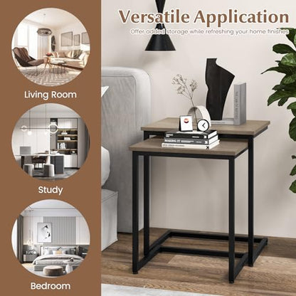 Giantex Nesting Coffee Table Set of 3, Stackable Square End Table w/Wood Grain Tabletop & Heavy-Duty Metal Frame, Farmhouse C-Shaped Accent Table for Small Space, Living Room, Bedroom (Black Oak) - color: Black Oak