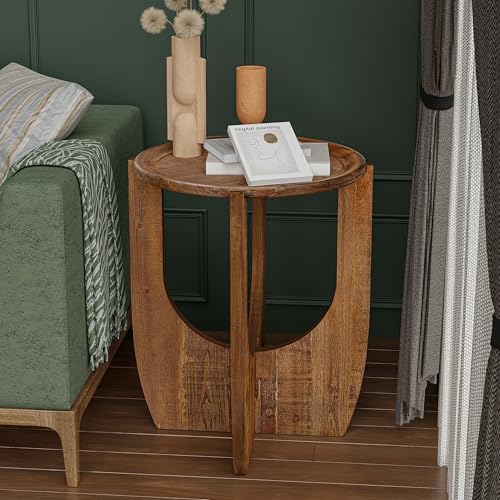 COZAYH Rustic Farmhouse Round End Table with Tray Top, Curved Legs, Brown | French Country Accent Side Table for Small Spaces, Family, Dinning or Living Room, Modern
