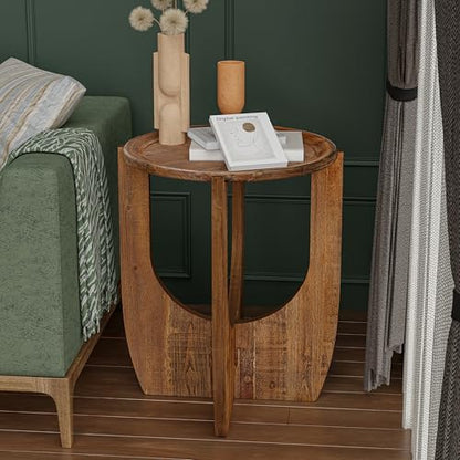 COZAYH Rustic Farmhouse Round End Table with Tray Top, Curved Legs, Brown | French Country Accent Side Table for Small Spaces, Family, Dinning or Living Room, Modern