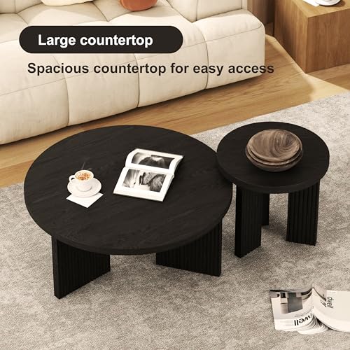 Nesting Coffee Table Set of 2, Black | Modern Wooden Coffee Table, Circle Tea Table and End Table Set, Accent Center Tables for Living Room, Office - color: Black, style: Coffee Table Set of 2