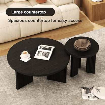 Nesting Coffee Table Set of 2, Black | Modern Wooden Coffee Table, Circle Tea Table and End Table Set, Accent Center Tables for Living Room, Office - color: Black, style: Coffee Table Set of 2