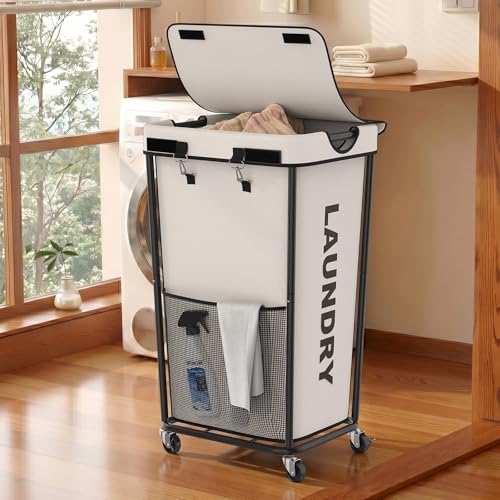 Laundry Hamper with Wheels and Lid, 110L Heavy Duty Rolling Laundry Basket, 88 lbs Capacity, Removable Inner Bag, Clothes Storage Organizer for Bedroom Bathroom Dorm, White - color: White, size: 110L