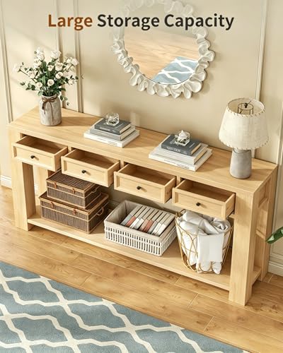FUSOU 63 Inch Console Table, Sofa Table Behind Couch, Entryway Table with 4 Drawers & Open Shelf, Farmhouse Sofa Table for Living Room (Natural) - color: Natural