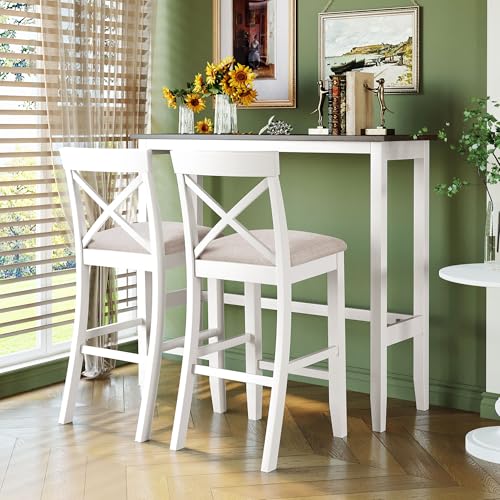 Farmhouse Rustic 3-Piece Counter Height Wood Kitchen Dining Sets, Home Bar Pub Kitchen Set, 48'' Long Bar Table with 2 Upholstery Chairs for Small Places - color: Beige-3-piece