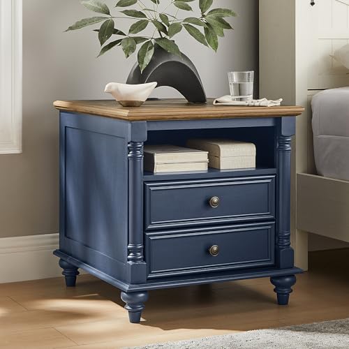 T4TREAM 24" Farmhouse Nightstands with 2 Drawers, Rustic Oak Antique Blue | 4 Solid Wood Feet, Charging Station, Tall Rustic Wood Square, Sofa Side Table, Living Room, Bedroom - color: Rustic Oak Antique Blue