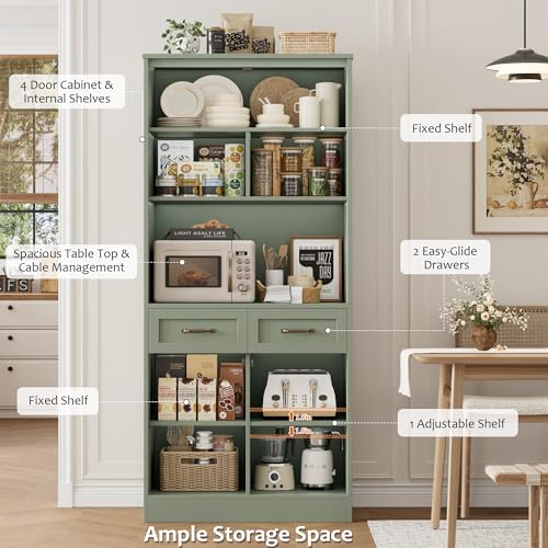 HOSTACK 71" Tall Kitchen Pantry Storage Cabinet, Wood Kitchen Hutch, Green | Modern Pantry Cabinet with Microwave Stand, Hutch Cabinet with Countertop & Drawers, Storage Cabinet for Living Room - color: Green + Bronze Handles
