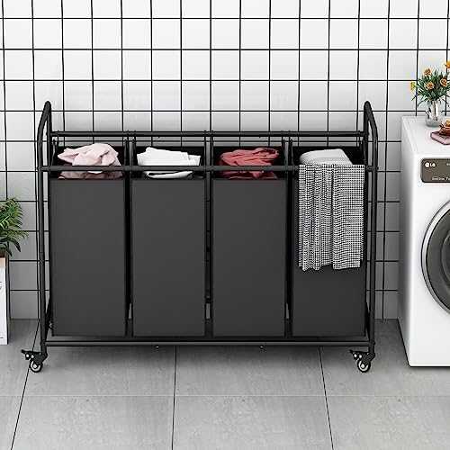 4 Section Laundry Hamper, Black Rolling Laundry Basket, 180L Laundry Sorter | Laundry Room Organization with Heavy Duty Rolling Lockable Wheels and Removable Bag, Bedroom Laundry Cart for Clothes Storage - size: 4 Bags Black