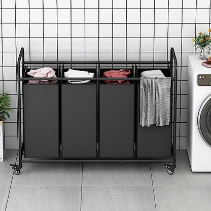 4 Section Laundry Hamper, Black Rolling Laundry Basket, 180L Laundry Sorter | Laundry Room Organization with Heavy Duty Rolling Lockable Wheels and Removable Bag, Bedroom Laundry Cart for Clothes Storage - size: 4 Bags Black