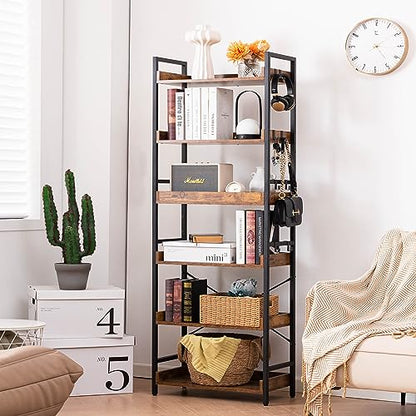 HCHQHS Adjustable 6 Tier Open Bookcase, Rustic Farmhouse Book Shelves, Industrial Wood and Black Metal Bookshelves, Mid Century Bookcase for Home Office Living Room Bedroom - color: Rustic Brown, size: 6-Tier (24"W x 70"H)