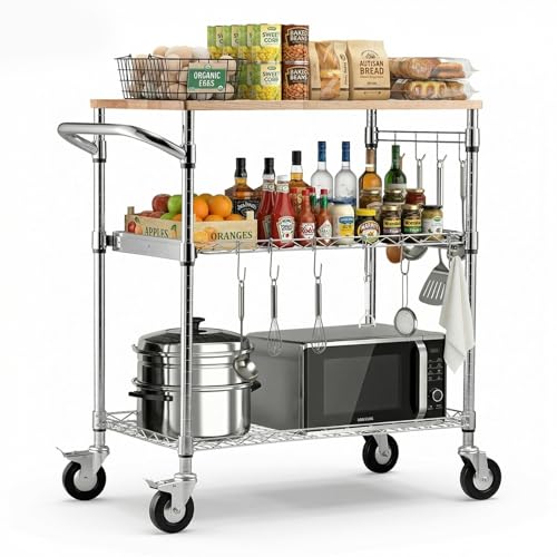 VEVOR Kitchen Utility Cart, 3 Tier Heavy Duty Adjustable Wire Storage Rack with Wood Tabletop and Handle Bar, Rolling Portable Service Trolley on Wheels, 661 lbs Steel Work Table, 30x18x36 in - size: 18"D x 30"W x 36"H Table top