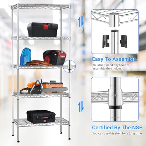 BLKMTY 5 Tier Wire Shelving, Narrow Storage Metal Shelf, Standing Shelf Units, Adjustable Garage Shelving, 750 lbs Capacity, Commercial Shelves, 11.6" D x 21.5" W x 47.6" H, Chrome - color: Chrome, size: 5 Tire: 11.6" D x 21.5" W x 47.6" H