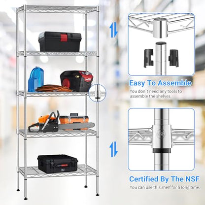 BLKMTY 5 Tier Wire Shelving, Narrow Storage Metal Shelf, Standing Shelf Units, Adjustable Garage Shelving, 750 lbs Capacity, Commercial Shelves, 11.6" D x 21.5" W x 47.6" H, Chrome - color: Chrome, size: 5 Tire: 11.6" D x 21.5" W x 47.6" H
