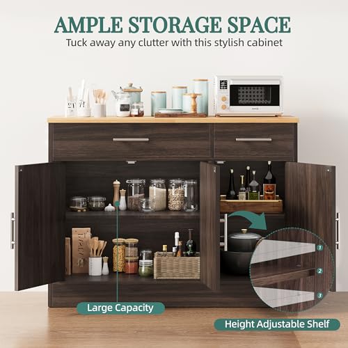 Shintenchi Modern Farmhouse Sideboard Buffet Cabinet,Barn Doors Buffet Cabinet with 2 Drawers & 3 Doors,Wood Coffee Bar Cabinet with Adjustable Shelf for Kitchen Living Room,Brown - color: Brown