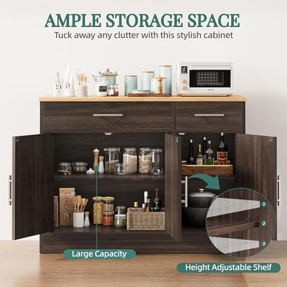 Shintenchi Modern Farmhouse Sideboard Buffet Cabinet,Barn Doors Buffet Cabinet with 2 Drawers & 3 Doors,Wood Coffee Bar Cabinet with Adjustable Shelf for Kitchen Living Room,Brown - color: Brown