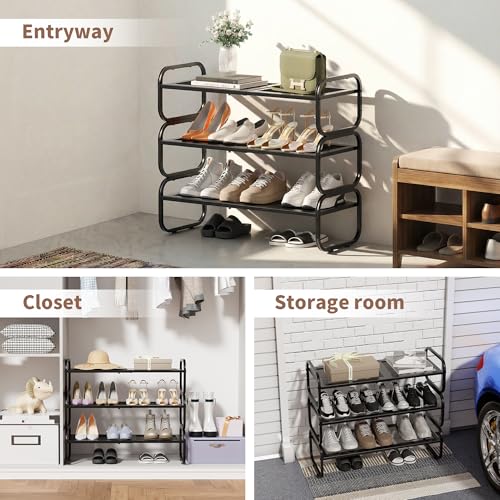 3 Tier Shoe Rack - Expandable Shoe Organizer for Closet, Adjustable Metal Shoe Shelf Storage, Stackable Long Shoe Stand Holder for Garage, Entryway, Door Entrance - size: 3 Tier