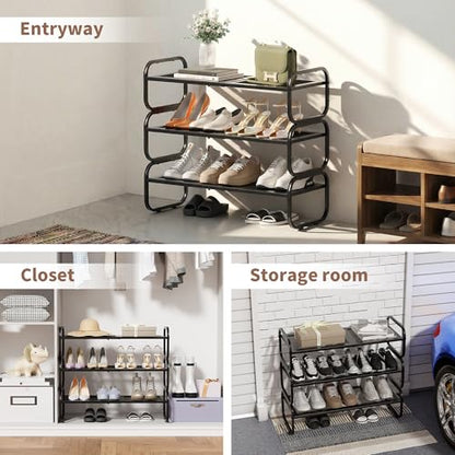 3 Tier Shoe Rack - Expandable Shoe Organizer for Closet, Adjustable Metal Shoe Shelf Storage, Stackable Long Shoe Stand Holder for Garage, Entryway, Door Entrance - size: 3 Tier