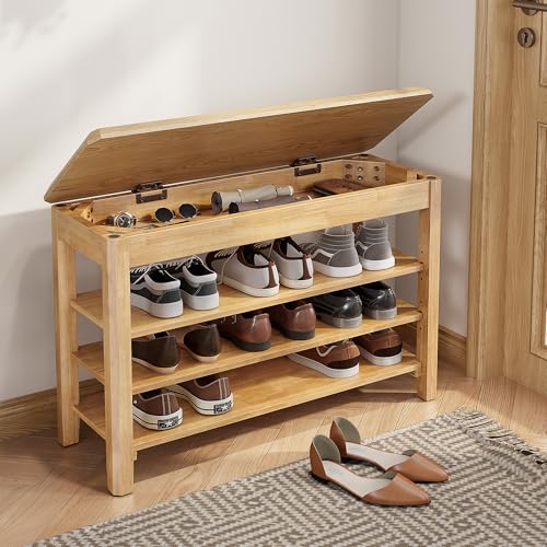 IUNVR Shoe Rack Bench Seat Rubberwood 3-Tier Wooden Storage Bench 550lbs Compact Mid-Century Modern Design for Entryway, Hallway, Closet, Front Door Entrance, Foyer - color: Natural-3 Tier(wood), size: 31.5"W x 11.8"D x 20.5"H