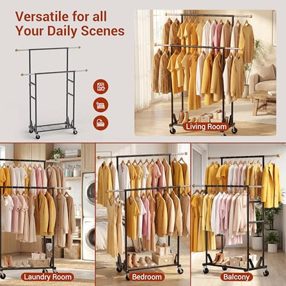 Rolling Garment Rack - Double Rod Clothes Rack with Lockable Casters, Mesh Storage Shelf & Anti-Slip Wooden Finials accented - Sleek Black Freestanding Closet Organizer for Coats, Dresses - color: 1-Tier (59.5 H")