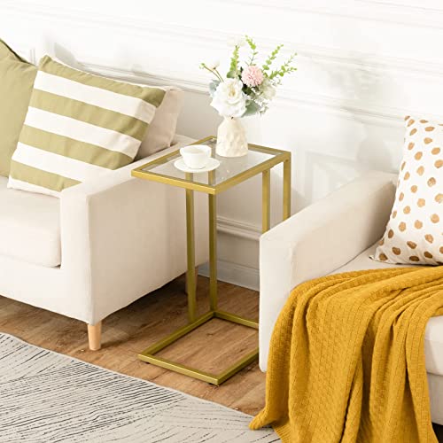 HOOBRO C Shaped End Table, Glass Side Table with Metal Frame, Gold Coffee Table for Small Space, Modern Style, for Living Room, Gold GD03SF01G1 - color: Gold