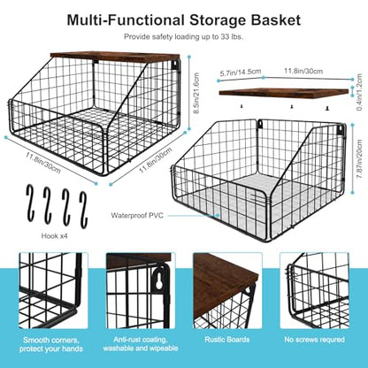 MSJGA Laundry Room Shelves Wall Mounted with Storage Basket - Farmhouse Stackable Wire Wall Shelves Organizer for Towels, Detergent, Tissues | Space-Saving Over Washer & Dryer(11.8" Wx12 Dx8.5 H) - size: 12"D