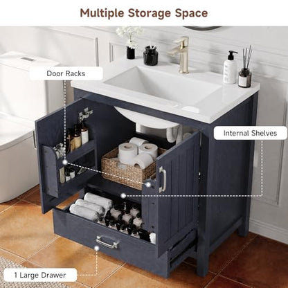 ONBRILL 30'' Bathroom Vanity with Single Sink Combo, Freestanding Bathroom Vanities with Resin Sink & Door Shelf, Farmhouse Storage Cabinet with 2 Soft Closing Door & Drawer (Blue) - color: Blue