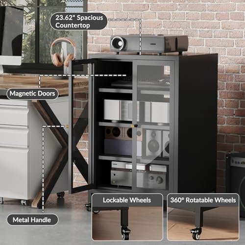 Metal Media Cabinet with Swivel Wheels & Glass Doors, 4-Tier Stereo Cabinet, Adjustable Shelves AV Rack with Cable Management, Black - color: Black, style: Swivel Wheels