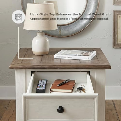 Signature Design by Ashley Bolanburg End Table for Living Room, Two-Tone Distressed Wood Side Table with Smooth-Gliding Drawer, Farmhouse Plank-Style Top, Ideal Night Stand Use, Antique White/Oak - color: Whitewash