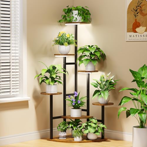 Corner Plant Stand with Grow Lights, 7 Tiered Plant Shelf Indoor, 43" Corner Plant Stands for Indoor Plants, Metal Plant Flower Display Shelves, Plant Organizer Rack for Living Room, Balcony, Home Decor（Round) - size: Round