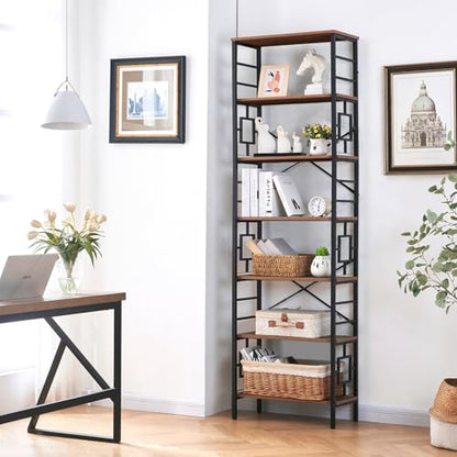HOMISSUE Tall Bookshelf, 84 Inch Industrial Bookshelf with Metal Frame and Open Shelves, 7 Tier Metal Bookshelves and Bookcases, Rustic Tall Book Shelf for Office, Living Room and Bedroom, Brown - color: Rustic Brown, size: 7-Tier（23.6"W x 84.4"H）