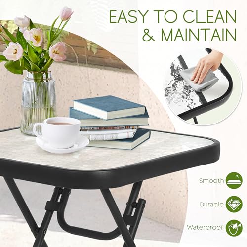 Folding Outdoor Side Table -Patio End Bistro Tables Portable Small 17.5" Square Tempered Glass Top Waterproof Dining Coffee Metal Black - color: Transparent-square