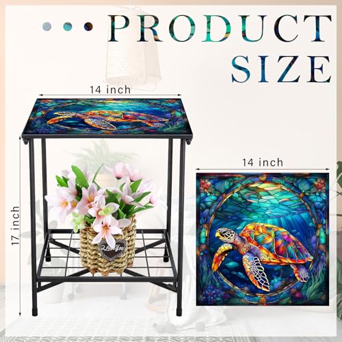 Cinnvoice Outdoor Side Table 2-Tier Storage Square Small Mosaic Patio Accent Indoor End Plant Coffee Tea Table for Yard Patio Porch Garden Living Room, Bedroom(Turtle Style) - style: Turtle Style