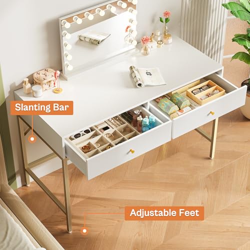 SUPERJARE Vanity Desk with Drawers, 47 inch Computer Desk, Modern Simple Home Office Desks, Makeup Dressing Table for Bedroom - White and Gold - color: White and Gold, size: 47 inch