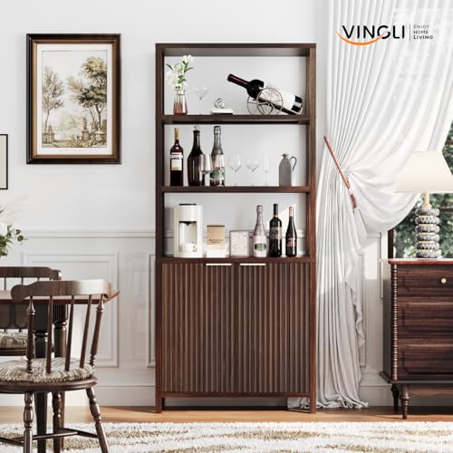VINGLI Bookcase with Fluted Doors, 71" Wood Storage Cabinet with Adjustable Shelves, 6-Tier Display Cabinet Bookshelf for Study, Living Room, Home Office, Kitchen Pantry, Walnut - color: Dark Walnut
