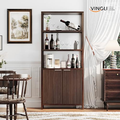 VINGLI Bookcase with Fluted Doors, 71" Wood Storage Cabinet with Adjustable Shelves, 6-Tier Display Cabinet Bookshelf for Study, Living Room, Home Office, Kitchen Pantry, Walnut - color: Dark Walnut