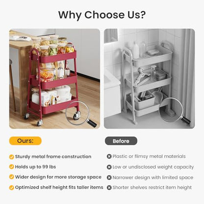 DUMOS 3 Tiers Metal Rolling Utility Cart with Lockable Wheels, Mobile Storage Organizer, Utility Shelving Unit for Kitchen, Office, Bathroom, Laundry, Narrow Places, Red - color: 3 Tiers Red