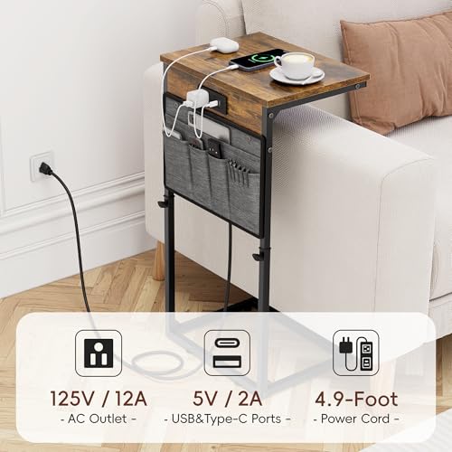 Vagusicc C-Shaped End Table with Charging Station, Small Side Table for Couch, 33" Tall C Table Adjustable Height Side Table, Couch Tables that Slide Under, Sofa Table TV Tray for Living Room, Brown - color: 1pc Rustic Brown