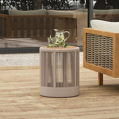 15" Outdoor Rustic Side Table,Rattan Rope & Acacia Wood End Table with Round Top & Iron Frame, Easy Assembly, Versatile Weather-Resistant Patio Furniture for Garden, Yard, Balcony, Beige Teak - size: 15"