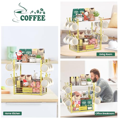 EsLuker.ly Coffee Mug Cup Holder Tree Bar Station Organizer, 2 Tier Mug Stand Rack for Countertop Kitchen, Storage Tower Display Shelf with 12 Hooks, Coffee Nook Enhancer, White-Gold - color: White + Gold