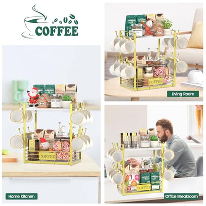 EsLuker.ly Coffee Mug Cup Holder Tree Bar Station Organizer, 2 Tier Mug Stand Rack for Countertop Kitchen, Storage Tower Display Shelf with 12 Hooks, Coffee Nook Enhancer, White-Gold - color: White + Gold