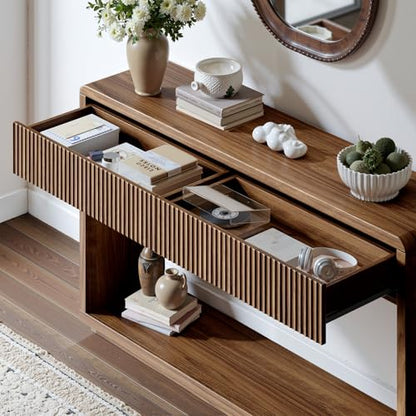 Evermagin 59'' Walnut Entryway Table with Drawers, Fluted Console Table, Mid Century Modern Sofa Table with Storage for Living Room, Entrance, Hallway - color: Walnut