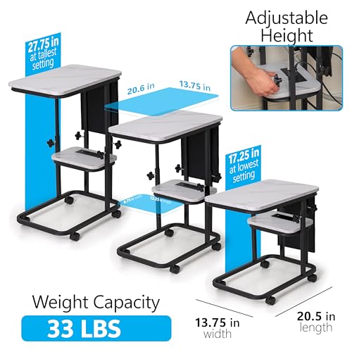 C Shaped End Table with Charging Station, Adjustable Height with Lockable Wheels & Storage Pouch, Rolling Side Table Slide Under Couch Laptop Desk, Small Sofa Table for Living Room (Large) - size: Large