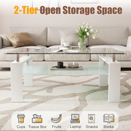 2-Tier Coffee Table with Tempered Glass Top and MDF Frame, Modern White Rectangular Glass Center Table for Living Room, Apartment, Office, Easy to Assemble - color: White, size: Coffee Table