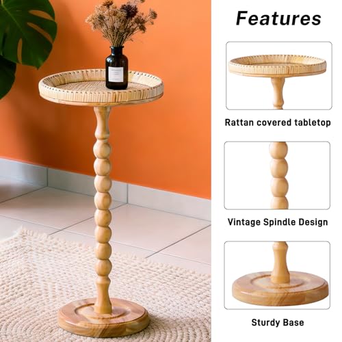 Small Side Table, Rattan Drink Table, Round Side Table for Small Spaces, Boho Circle End Table Coffee Table with Solid Wood Leg for Living Room, Pedestal Table for Bedroom, Corners - size: High: 25", style: Bohemian