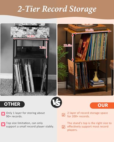Honkazita 3 Tier Vinyl Record Storage Table Wooden Turntable Stand | holds up to 200 albums, now playing vinyl record stand, small bedside nightstand for bedroom, music room record organizer
