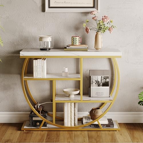 Garvee Entryway Table with Storage, Industrial 4-Tier Narrow Console Table Behind Couch with Half-Circle Base & Storage Shelves for Living Room, Hallway, Foyer - color: Gold & White