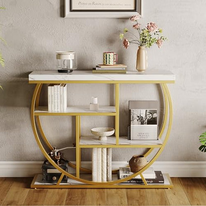 Garvee Entryway Table with Storage, Industrial 4-Tier Narrow Console Table Behind Couch with Half-Circle Base & Storage Shelves for Living Room, Hallway, Foyer - color: Gold & White